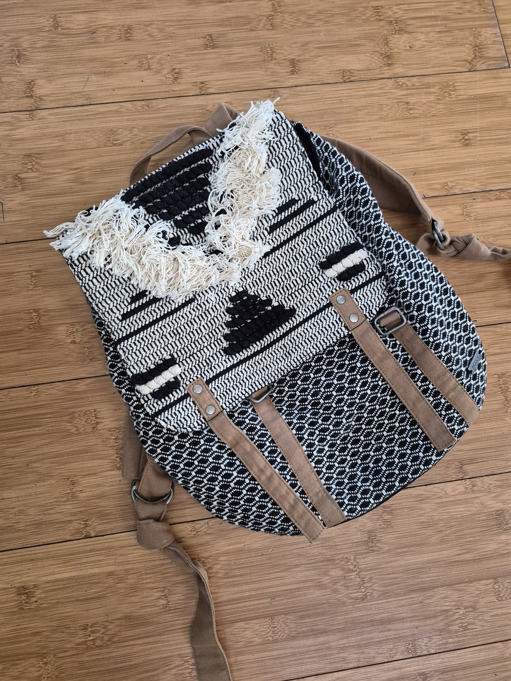 Roxy Black, Cream & Tan Woven Fringe Backpack